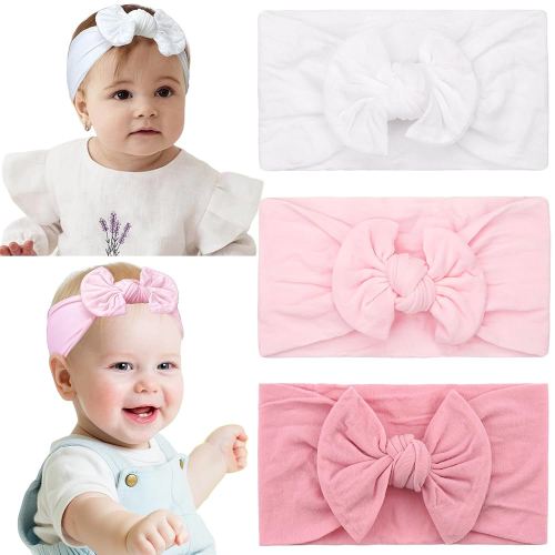 JOYOYO 3 Colors Soft Wide Turban Baby Headbands with 4.5 inches Hair Bow Headbands for Baby Girls Infants Newborn Hair Accessories Toddlers Kids and Children(White Pink Pink)
