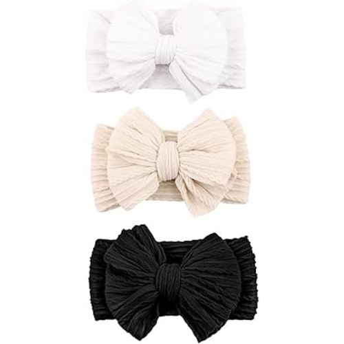 Baby Bows Headbands Nylon Hairbands Baby Girl Bows Hair Accessories for Infant Toddler Essentials(Black White Beige, mid)