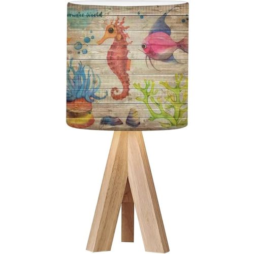 Tripod Bedside Desk Table Lamp Hand Painted Watercolor Underwater World Colorful Exotic Fish Seahorse Wood Nightstand Lamp with Linen Fabric Shade for Nursery Bedroom Living Room Kids Room