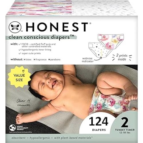 The Honest Company Clean Conscious Diapers | Plant-Based, Sustainable | Young at Heart + Rose Blossom | Super Club Box, Size 2 (12-18 lbs), 124 Count