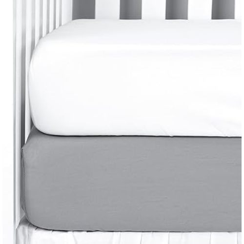 TILLYOU 2 Pack Fitted Crib Sheet Set - 100% Solid Standard Natural Cotton Toddler Bed Mattress Sheets,Standard 28”x 52”, White&Charcoal Gray