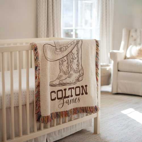 Personalized Cowboy Woven Baby Blanket, Western Cowboy Boys Blanket, Heirloom Blanket, Newborn Name Blanket, Baby Name Woven Throw Blanket