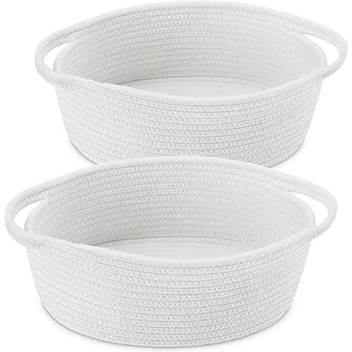 【2 Pack 】ABenkle Small Woven Basket, 12"x 8" x 5" Cute Small Basket, Rope Room Shelf Storage Basket, Cat Dog Toys Basket Chest Box, Empty Decorative Gift Basket with Handles