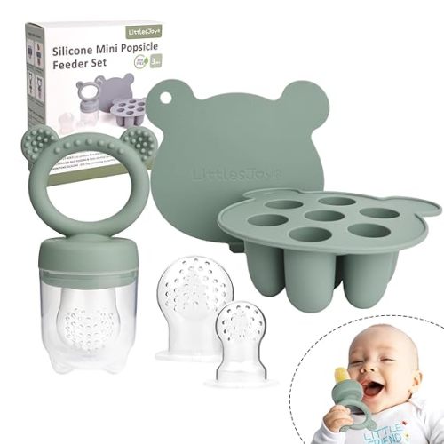 Silicone Baby Fruit Feeder & Freezer Tray Set, Breast Milk Popsicle Mold, BPA Free for 3+ Months, Includes Silicone Pouches (Sage)