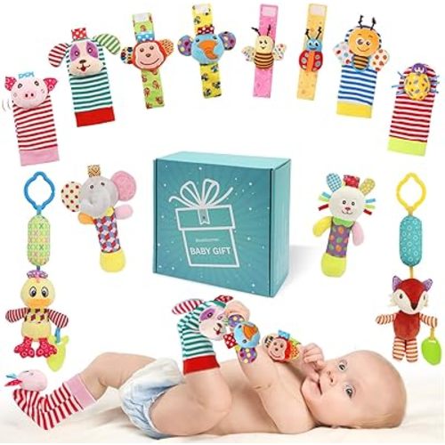 Wrist Rattles Foot Finder Rattle Sock Baby Toy, Hanging Rattle Toy, Hand Bracelet Rattle, Feet Leg Ankle Socks, Activity Rattle Present Gift for Newborn Infant Babies Boy Girl-12pcs A