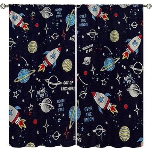 Universe Decor Curtains for Living Room Home Party,Card Universe Solar System Planet Rocket Spacecraft Print Windows Curtain Darkening Drapes for Kids Girls Boys Bedroom Set 2 Panels, 42x45 Inches