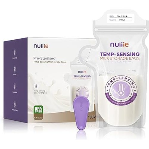 Nuliie 150pcs Temp-Sensing Breastmilk Storage Bag, Huge Temp-Sensing Icon & Locking Clamp, 6oz Breast Milk Storage Bags Freezer Pour Spout, Self Standing Milk Storage Bags Breastmilk, BPA-Free No-Leak