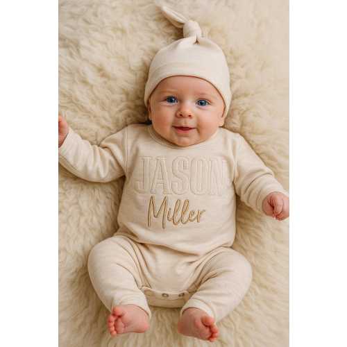 Personalized Newborn Romper, Embroidered Baby Boy Outfit, Newborn Baby Shower Gift, Personalized oatmeal baby romper and hat set