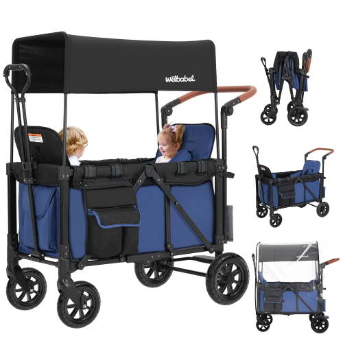 Minikid 2-in-1 Wagon Stroller with Adjustable Canopy, Rain Cover, Mosquito Net, Blue