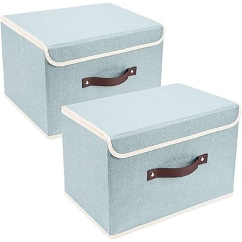 TYEERS Collapsible Storage Boxes, Washable Fabric Storage Bins with Lids, 14.9x9.8x9.8 inches, 2 Pack, Aqua Spring
