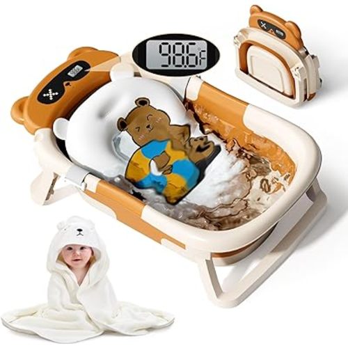 Collapsible Baby Bathtub for Newborn to Toddler (0-18 M) - Portable Baby Tub with Thermometer, Newborn Bathtub with Soft Towel and Floating Cushion (Brown)