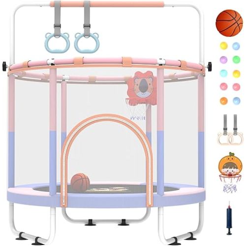 5FT Mini Trampoline for Kids - Toddler Trampoline Indoor with Safety Net - Adjustable Gym Bar - for Ages 3-6, Kids Gifts