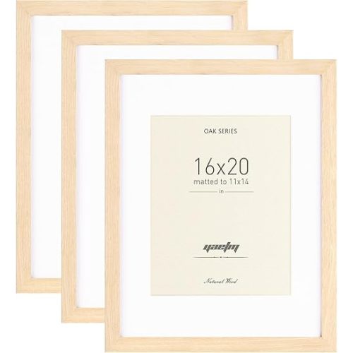 Yaetm Oak Wood 16x20 Frame with Mat for 11x14 Set of 3, Natural Solid Wood 16x20 Picture Frame, Wide Molding, Wall Decor for Office, Gallery & Home (3 pack, Oak)