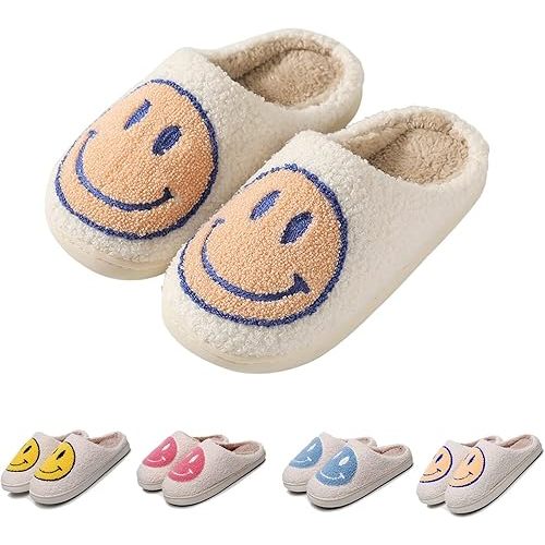 FACAXEDRE Smile Face Slippers for Women - Indoor Outdoor Retro Happy House Slides, Soft Fluffy Cushion Furry Shoes