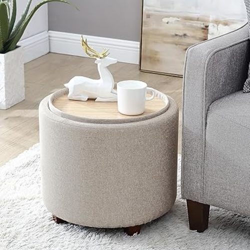 Ornavo Home Lawrence Round Storage Ottoman with Lift Off Lid and Tray Lid Coffee Table, Ottoman with Storage for Living Room, Bedroom and Office, Linen Beige
