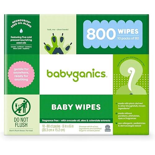 Babyganics Unscented Diaper Wipes, 800 Count, Non-Allergenic and formulated with Plant Derived Ingredients, Packaging May Vary