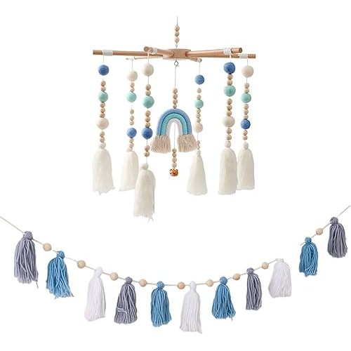 Baby Mobile for Crib, HBM Rainbow Baby Crib Mobile Boho Celling Mobile,Nursery Decor Baby Shower Gift for Boys & Girls (Blue)
