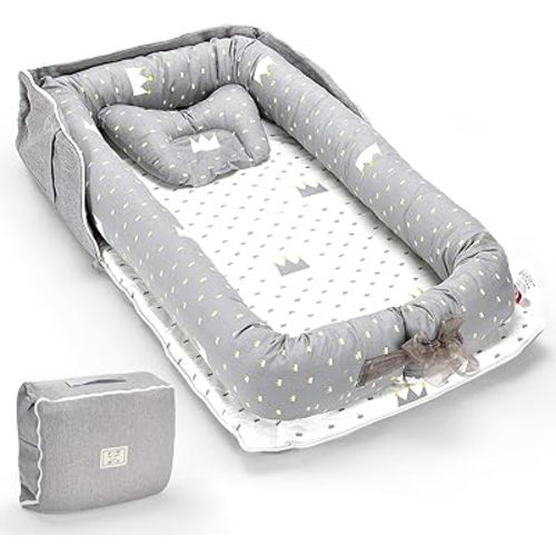 Infant Lounger, Baby Nest for Newborns, Portable Breathable Baby Lounger Pillow Adjustable U-Shaped Safety Bumper for Cozy Comfort - Crown Ash