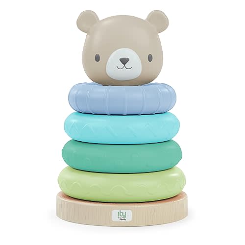 Ingenuity: ity by Ingenuity Cutie Stacks, 4 BPA-Free Rings, Faux Wood Stand, Bear Topper, Unisex, for Ages 6 Months and Up - Nate