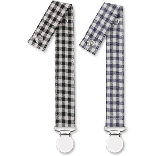 Pacifier Clip Leash Soothie Holder Unisex Plaid Button for boy （2 Pack）