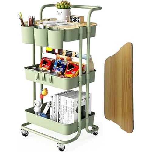 3 Tier Rolling Cart with Metal Handle, Table Top, Hanging Cups, Hooks, Plastic Storage Baskets& Wheels Lockable, Utility Cart for Bathroom Classroom Office Kitchen Pantry Organizers and Storage, Green