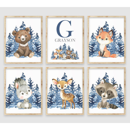 Woodland Animals Wall Decor, Woodland Nursery Wall Decor, Navy Blue Baby Boy Nursery Decor, Forest Animals Art, Personalized Baby Name Print