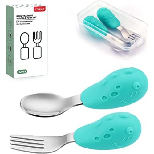 YIVEKO Baby Fork and Spoon Set with Carry Case Baby Training Utensils Self Feeding Toddler Silverware Silicone and Stainless Steel Kids and Toddler Utensil Set-Dinosaur