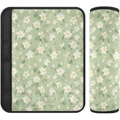 2 PCS Soft Auto Seat Belt Cover Seatbelt Cushions Shoulder Pad Compatible with All Cars and Backpack Pale Green and Yellow Flowers Medium