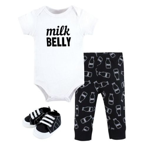 Hudson Baby Infant Boy Cotton Bodysuit, Pant And Shoe Set, Modern Milk Belly, 6-9 Months