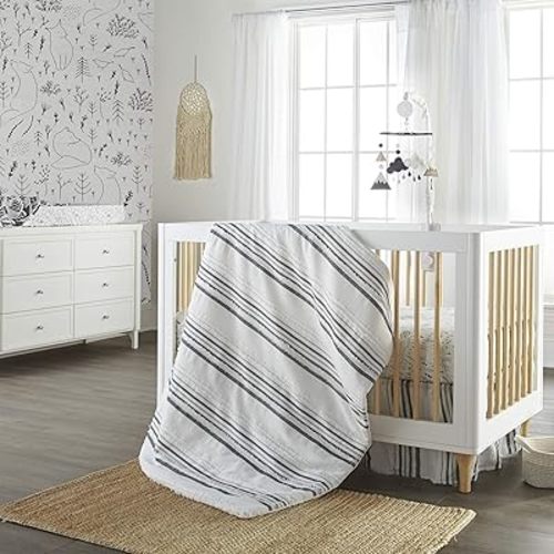 Levtex Baby - Nico Crib Bed Set - Baby Nursery Set - Stripes - White, and Black - Classic Embroidered and Flared Stripes - 4 Piece Set Includes Quilt, Fitted Sheet, Blanket, Crib Skirt