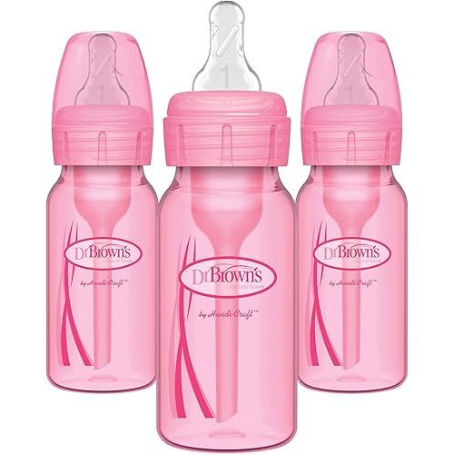 Dr. Brown's Anti-Colic Options+ Baby Bottles, 4 oz/120 mL, with Level 1 Slow Flow Nipple, Pink, 3 Pack, 0m+