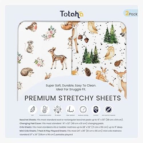 TotAha Premium Soft Graco Pack n Play Sheets Fitted, Super Stretchy Jersey Knit Mini Crib Sheets Fitted, Silky Comfort Pack and Play Mattress Sheets, 2 Pack (Forest Animals)