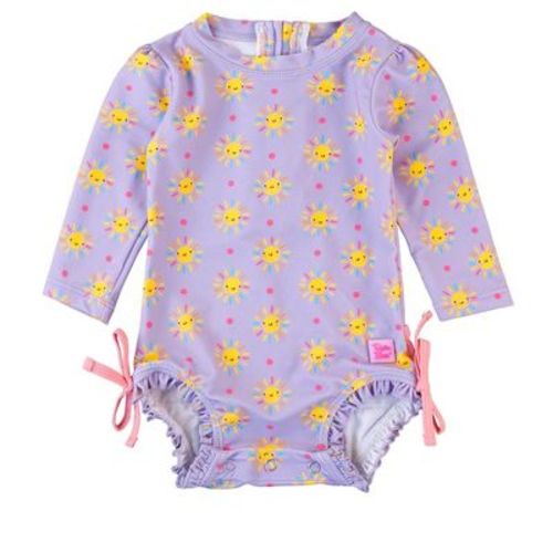 Rufflebutts Baby Girls Upf50+ Long Sleeve One Piece Rash Guard - Lavender Sunshiny Day, 0-3m