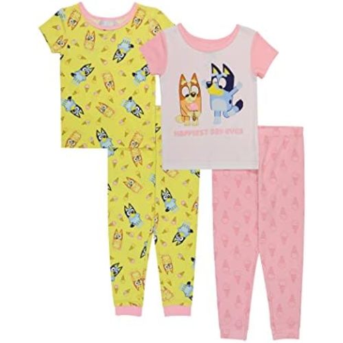 Bluey Girls' 4-Piece Snug-fit Cotton Pajama Set, Soft & Cute for Kids