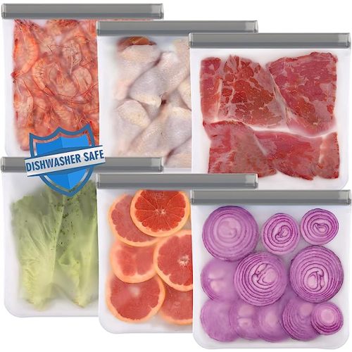 Lerine 6 Pack Reusable Gallon Freezer Bags Dishwasher Safe, BPA Free Reusable 1 Gallon Bags Silicone, Leakproof Reusable Storage Bags for Marinate Meats, Cereal, Vegetables, Home Organization(Grey) - 6 Pack Gallon Bags