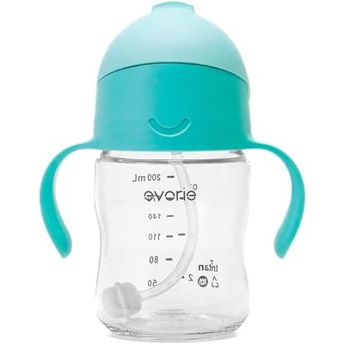 Evorie Tritan Weighted Straw Sippy Cup with Handles for Baby and Toddlers 6 months up, 7 Oz Soft Silicone Straw Infant First Training Water Bottle (Mint)