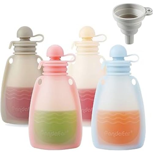 PandaEar Reusable Silicone Baby Food Pouches, 4 Pack Squeeze Pouches for Toddler Kids, BPA-Free Silicone Refillable Baby Food Storage, 5.5 oz
