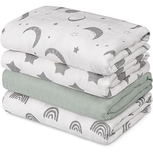 GLLQUEN BABY Muslin Swaddle Blankets 4-Pack Breathable Receiving Blankets (35" x 40") Soft Baby Blankets for Girls and Boys Newborn Essentials Muslin Burp Cloths Swaddle Wrap Baby Gift (Star)