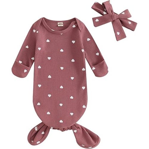 DuAnyozu Knotted Gown Baby Newborn Sleeping Bag Heart Print Sleep Sack Infant Girl Sleeper Valentines Pjs Set with Headband (Purple, 0-3 Months)
