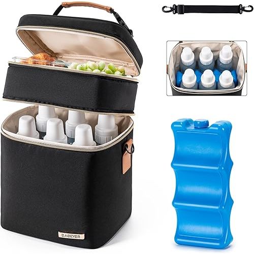 Breastmilk Cooler Bag with Ice Pack Fits 6 Baby Bottles Up to 9 Ounce, Double Deck Leak-Proof Baby Bottles Bag with Shoulder Strap for Nursing & Working Mom, Black