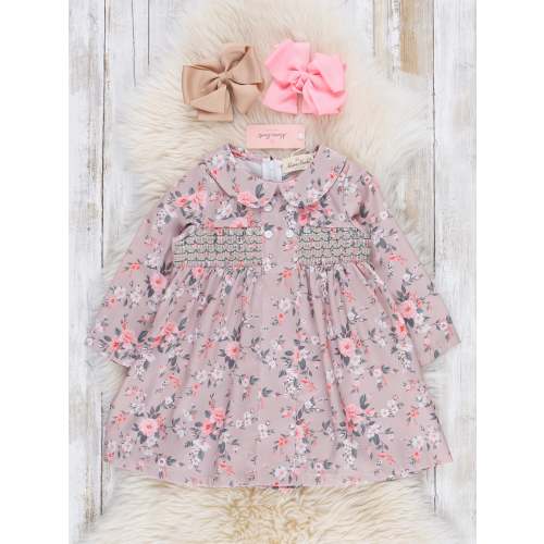 Tan Vintage Florals Smocked Dress