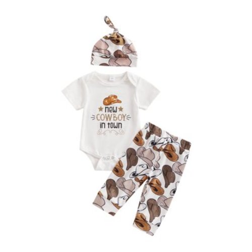 Hirigin Western Newborn Baby Boys Cowboy Outfits Boots/Hat Print Bodysuit+Long Leggings+Cap 3Pcs Summer Clothes Set