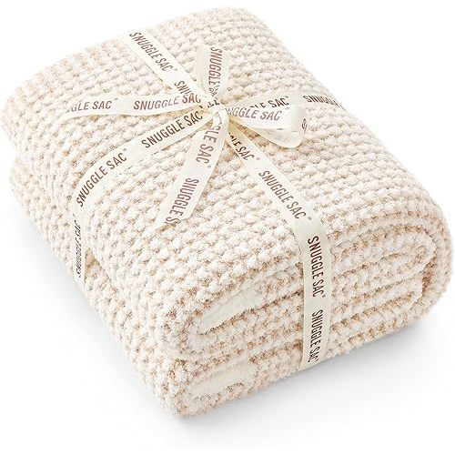 Snuggle Sac Cream Waffle Throw Blanket for Couch Bed Sofa 50x60 inches, Reversible Beige Blanket Microfiber Fluffy Fuzzy Cozy Knit Soft Throws for Women Mothers Birthday Gifts