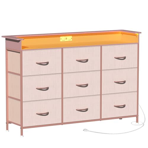 EXOTICA Pink Dresser with LED Light for Girls Bedroom 9 Drawer Dressers with Charging Station Chests of Drawers for Living Room Entryway Closet Hallway Sturdy Steel Frame Wooden Top Easy Pull Handle