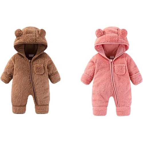 Brown and Pink 0-3Months Newborn Baby Bear Outfit Suit Fold-Over Mittens Footies Girls Boys Winter Fleece Clothes Hooded Jumpsuit Romper