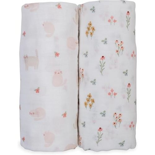 lulujo Baby Swaddle Blankets | Unisex Softest Breathable Cotton Muslin Swaddle Blanket Set | Neutral Receiving Blanket for Girls & Boys | 40in x 40in | Kitty Cat & Flowers | 2-Count