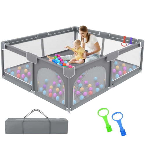 Ucradle Baby Playpen for Babies and Toddlers, 59x59x27" Large Baby Playard, Infant Activity Center with Gate, Anti-Slip Base and Soft Breathable Mesh, Gray
