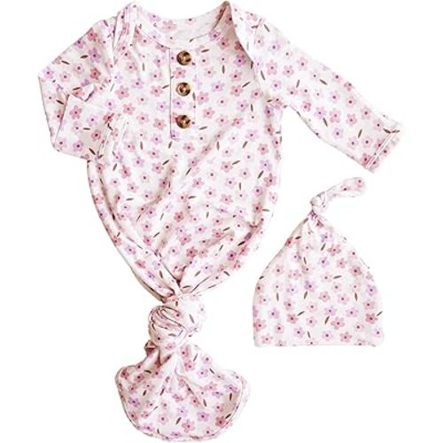 Caden Lane Newborn Knotted Gown with Hat, Soft Bamboo Viscose Baby Sleep Sack, Unisex Infant Nightgown, Breathable Sleepwear