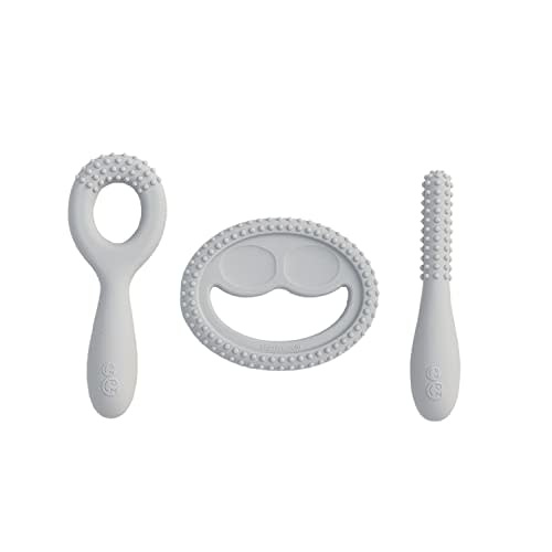 ezpz Oral Development Tools - 3 Months+ (3 Pack in Pewter) - Non-Slip Loop, Smile and Stick, 100% Silicone Tools to Practice Feeding + Chewing - Sensory Bumps - Dishwasher Safe