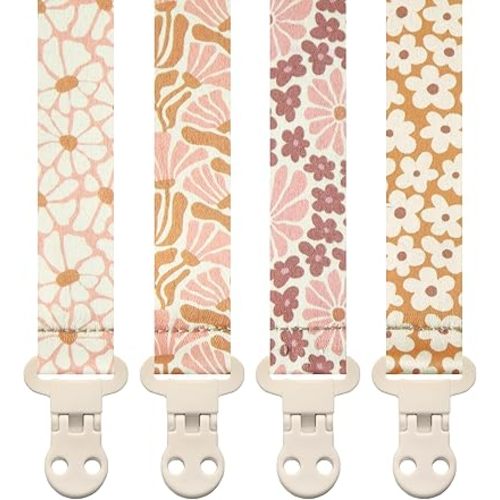 Stadela Baby Pacifier Clip Holder - Girl 4 Pack Gift Set – Boho Modern Pink and Beige Flowers Floral (Nolana)